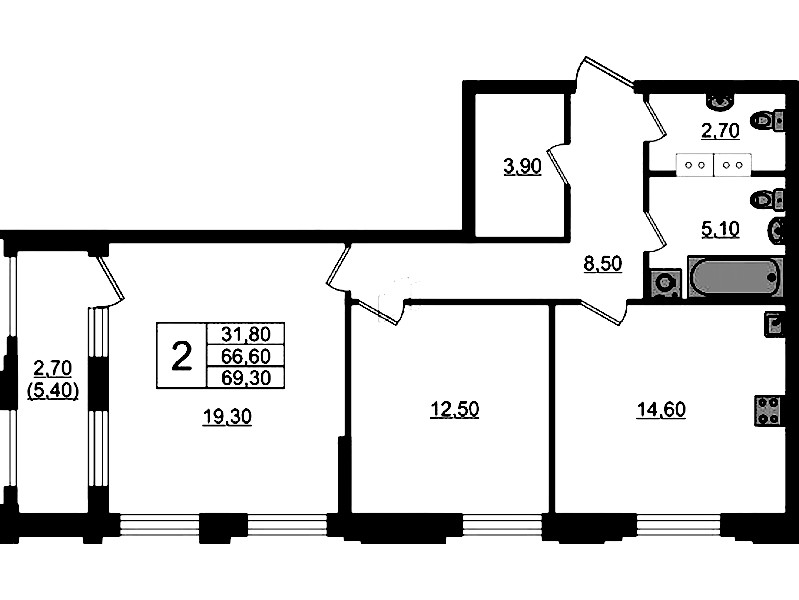 2-комнатная квартира 69.3 м², 13/13 эт., ЖК «Тайм Сквер»